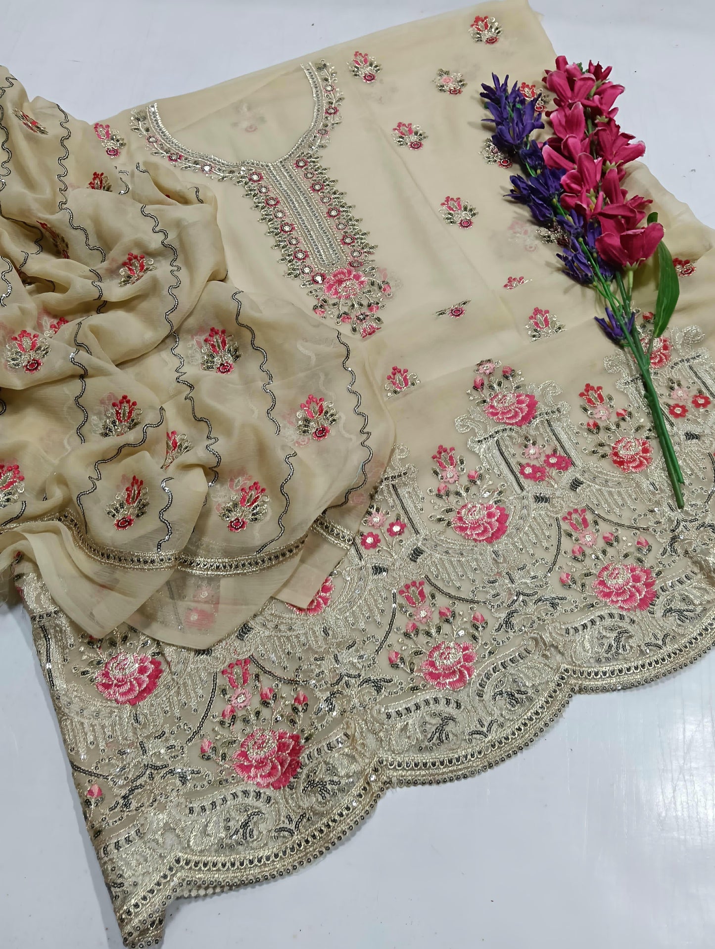 Copper zari work gala border dresses