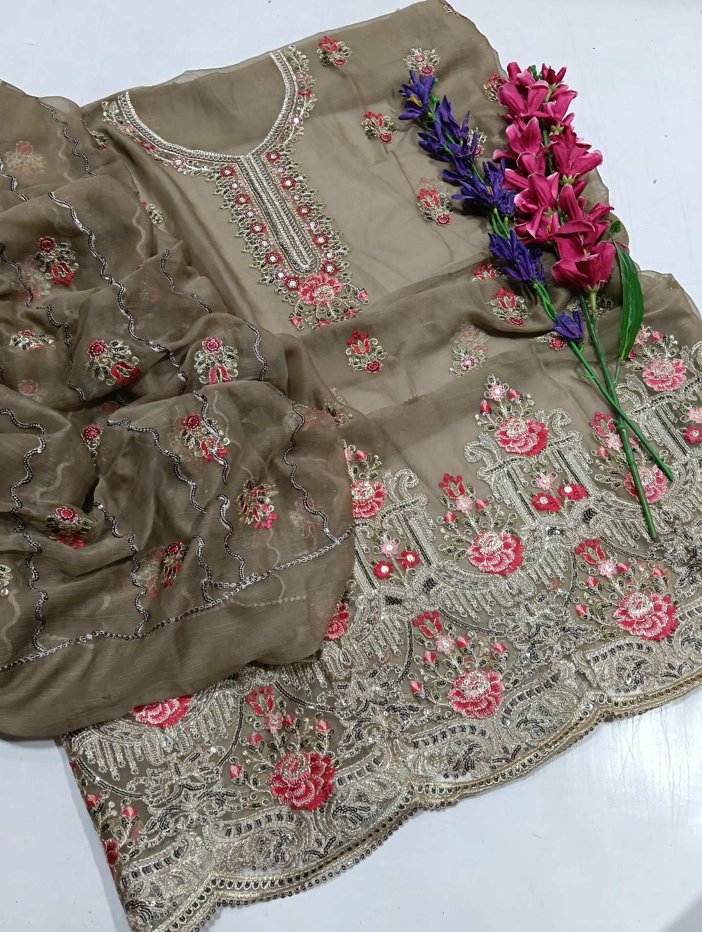 Copper zari work gala border dresses