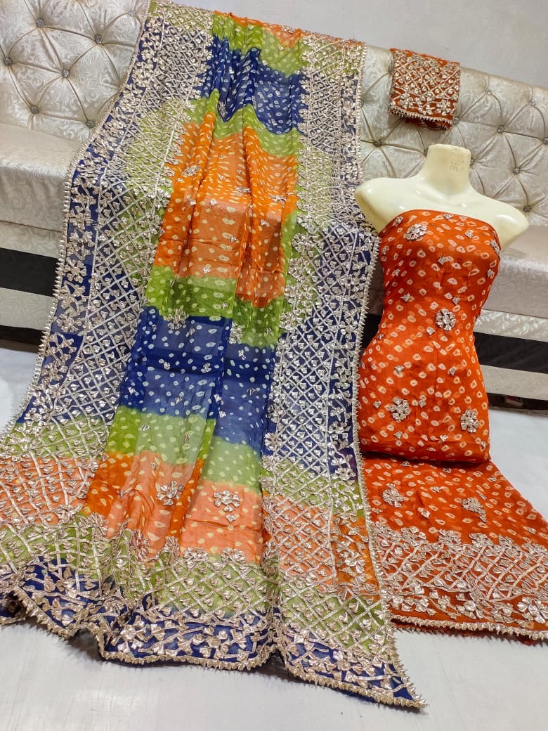 Pure Bember Chiffon Shirt & Dupatta – Chunri Style with Heavy Gota Work