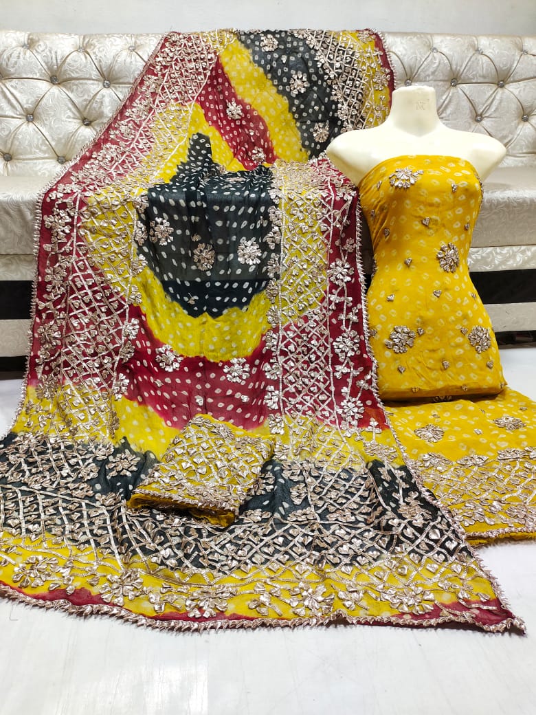 Pure Bember Chiffon Shirt & Dupatta – Chunri Style with Heavy Gota Work