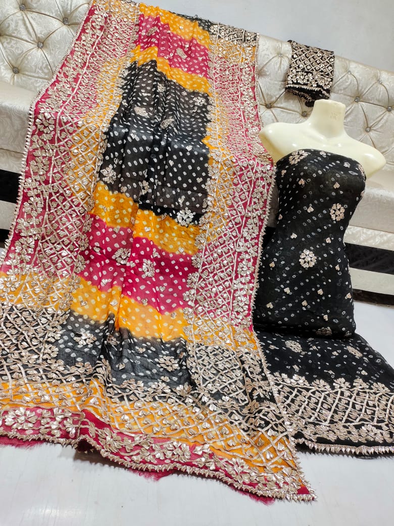 Pure Bember Chiffon Shirt & Dupatta – Chunri Style with Heavy Gota Work