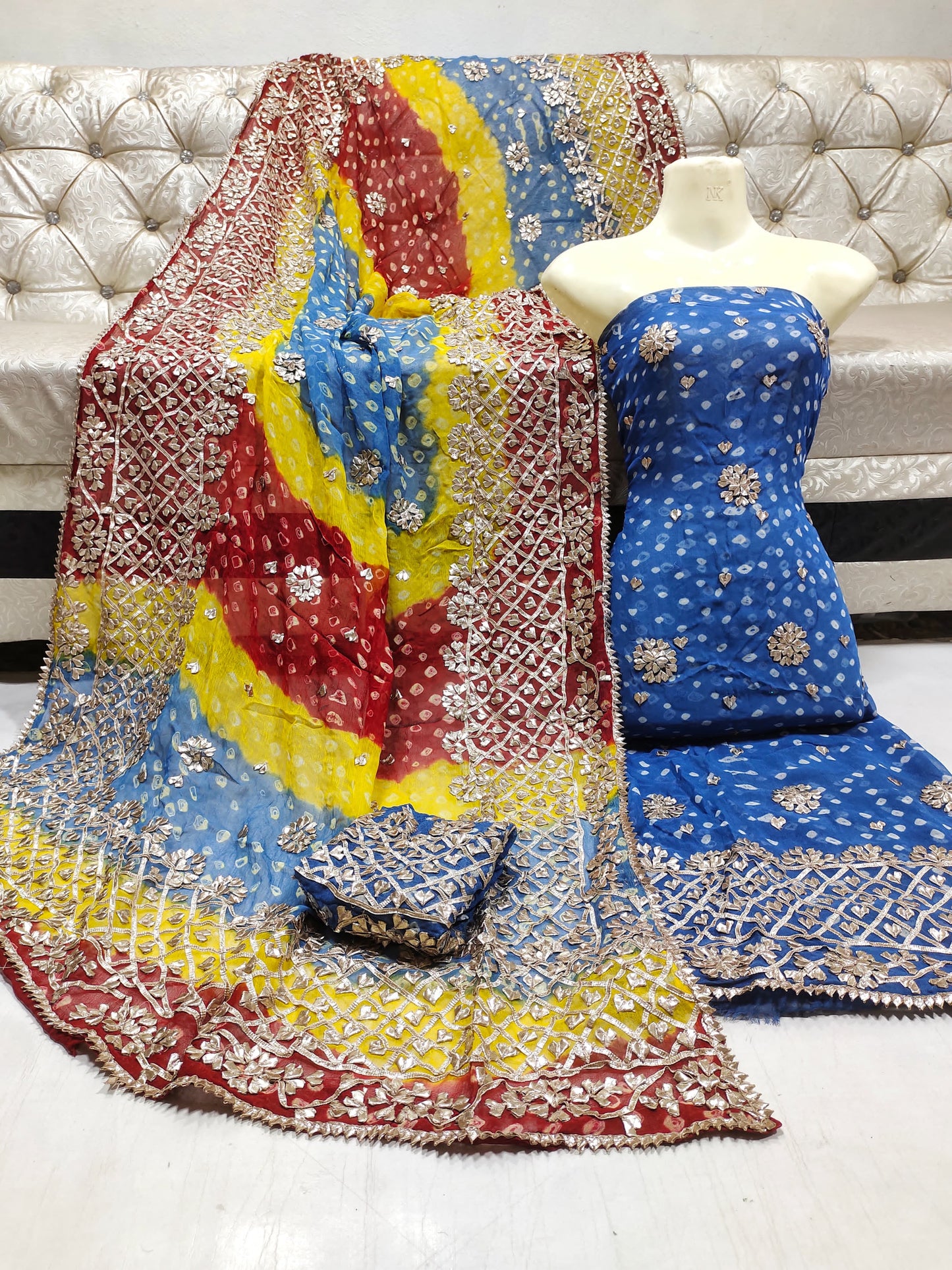 Pure Bember Chiffon Shirt & Dupatta – Chunri Style with Heavy Gota Work